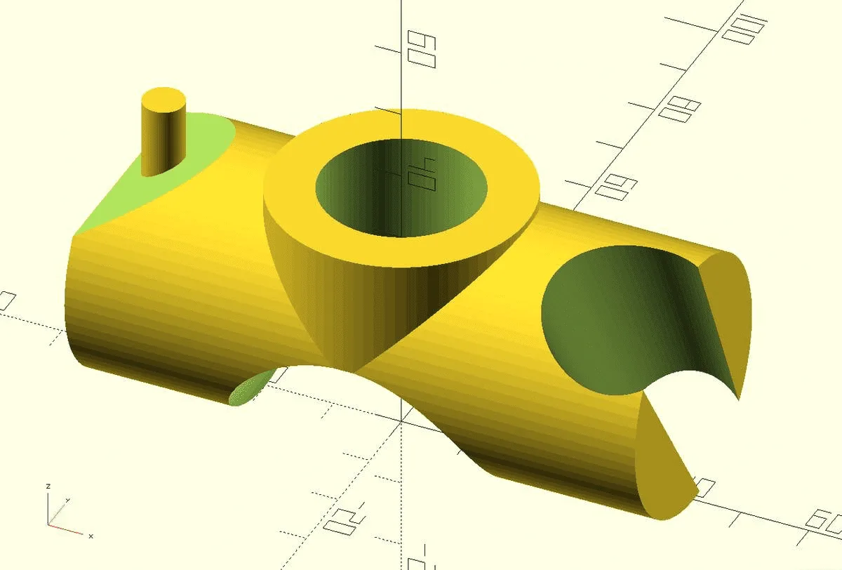 OpenSCAD render of the shower-head holder: a cuff for the shower rail with a cradle for the head
