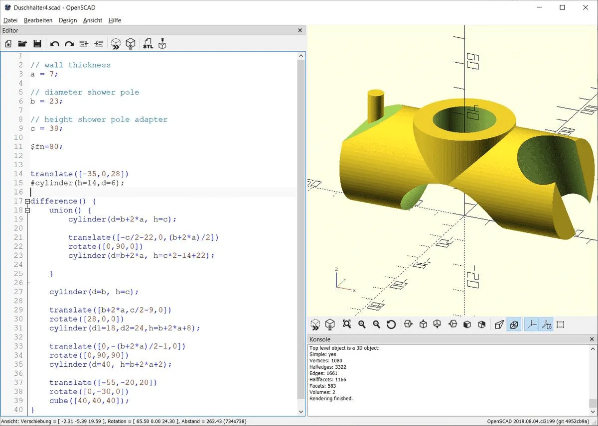OpenSCAD interface with source code and a 3D preview of an object