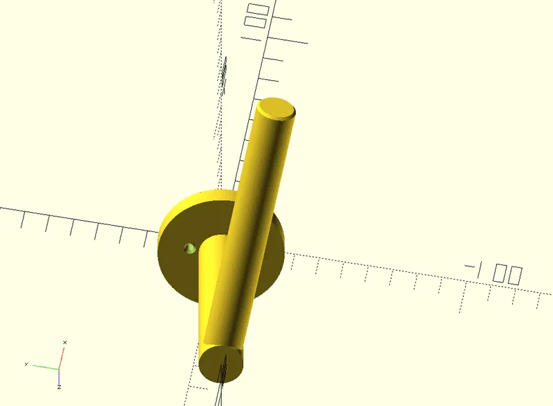 OpenSCAD render of the toilet-roll holder: a wall disc with a horizontal and a vertical arm