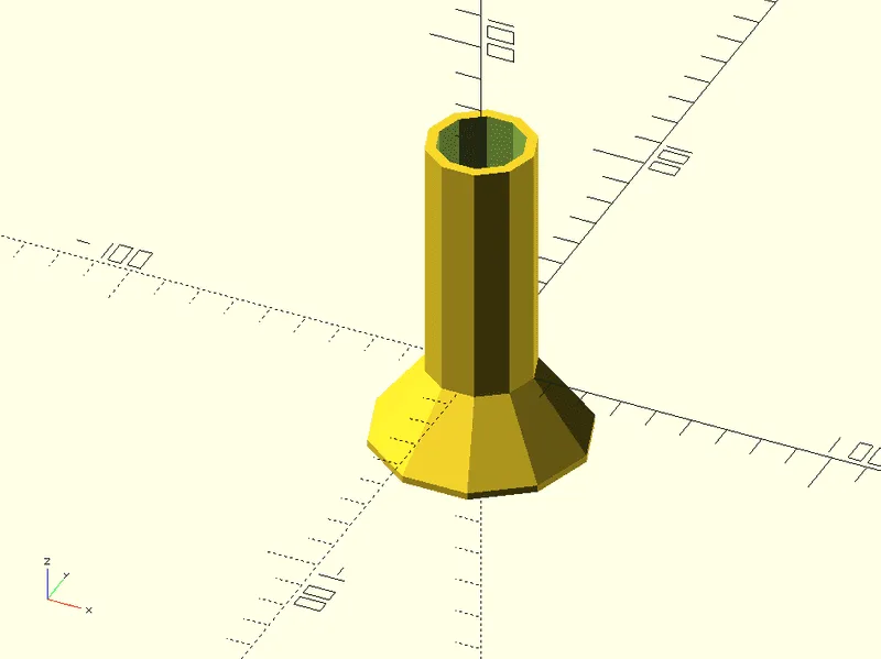 OpenSCAD render of a faceted vase with a wide foot